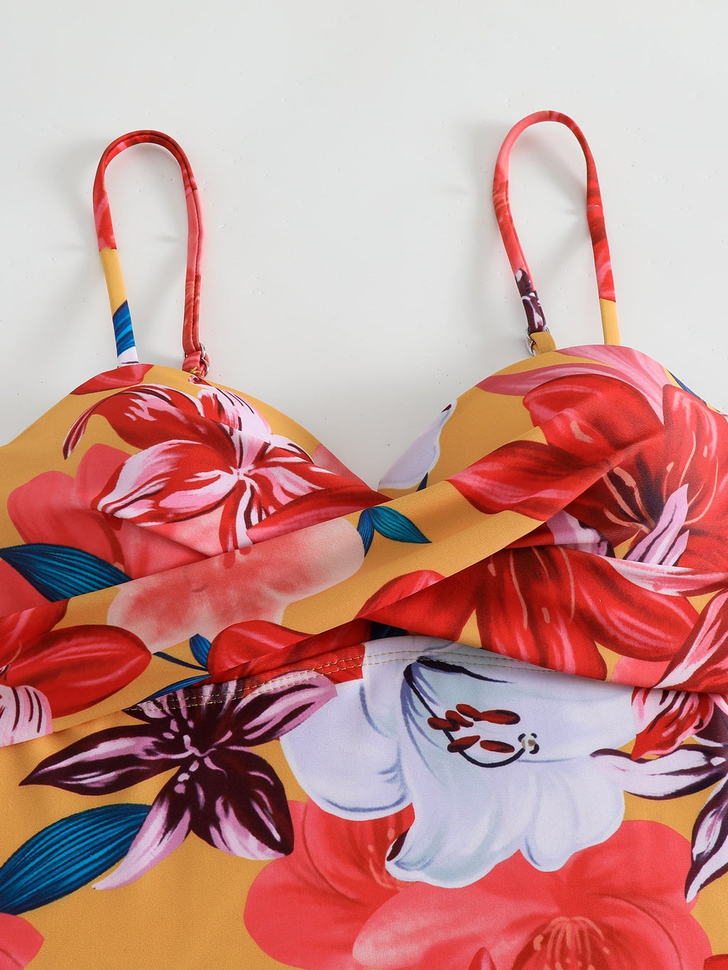 floral print pleated strap bikini