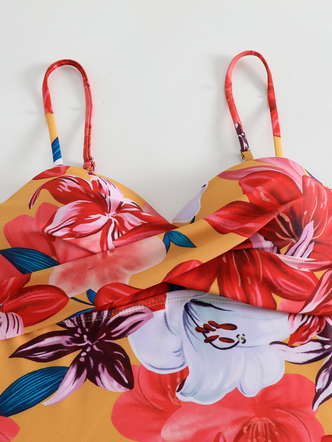floral print pleated strap bikini