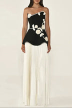 Strapless 3D Rose Appliqué Peplum Maxi Dress