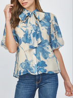 Beige & Blue Watercolor Floral Bow Neck Puff Sleeve Blouse