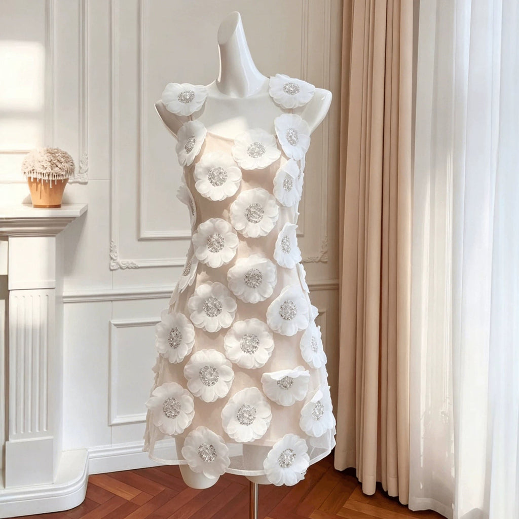 Flowering Girl Women lola Rhinestone 3D Flowers mini dress - white