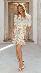 Linen Floral Print Tie-Strap Short-Sleeve Dress