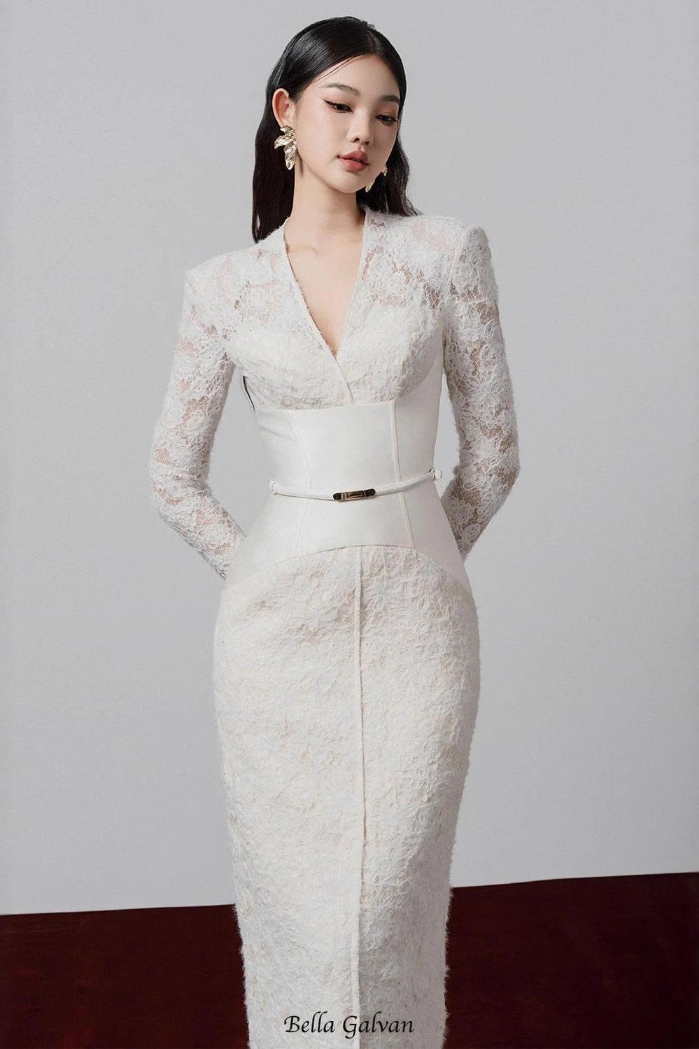 kimberley white v-neck lace patchwork midi dress