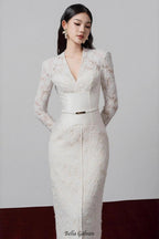 kimberley white v-neck lace patchwork midi dress