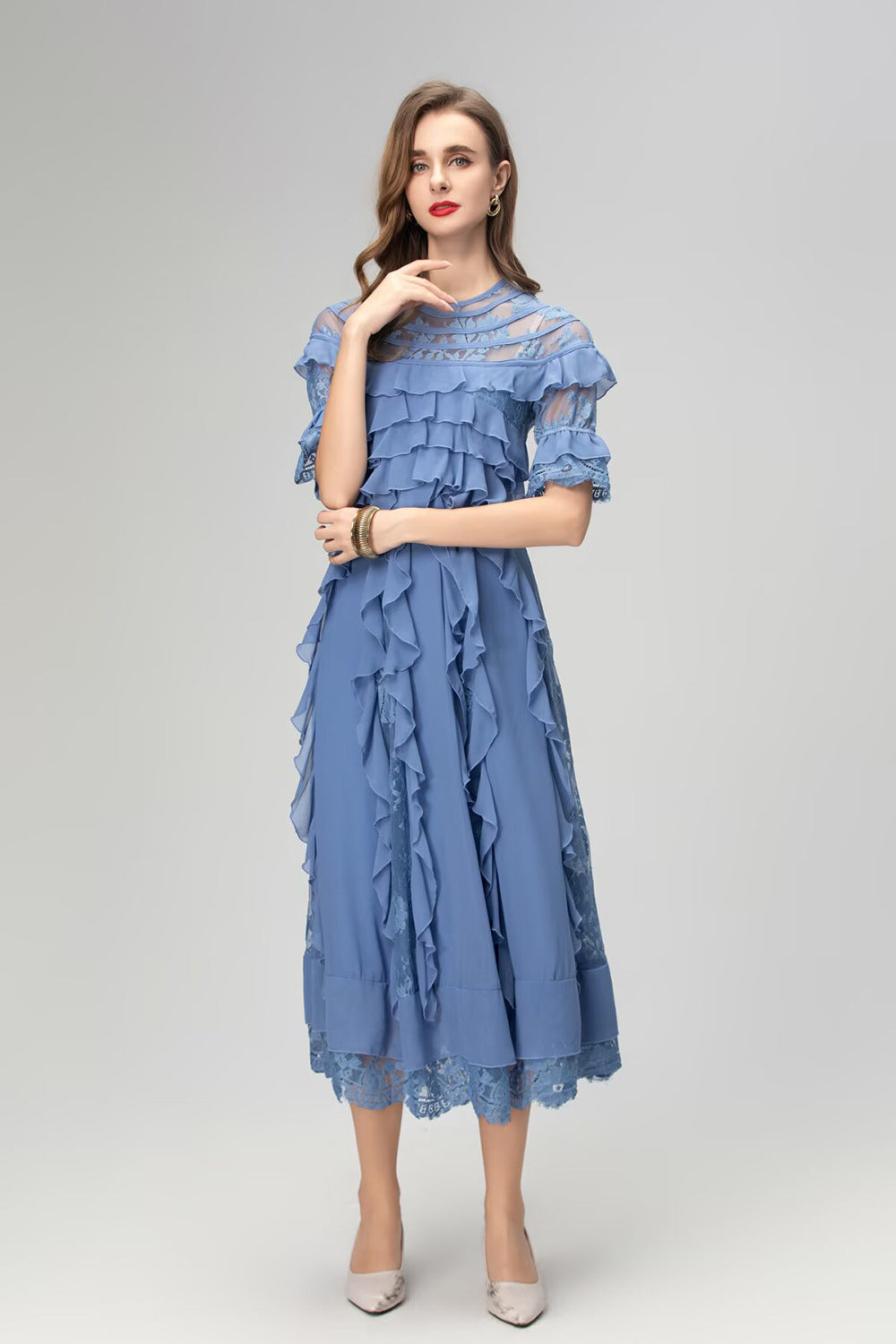 Flowering Girl Women Lorraine Lace Ruffle Trim Midi Dress In Blue