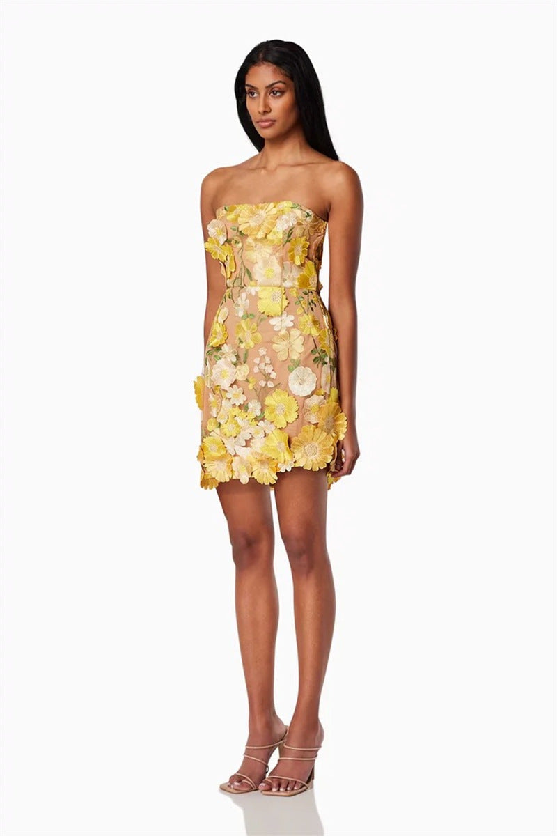 Flowering Girl Women Strapless floral Mini Dress in yellow