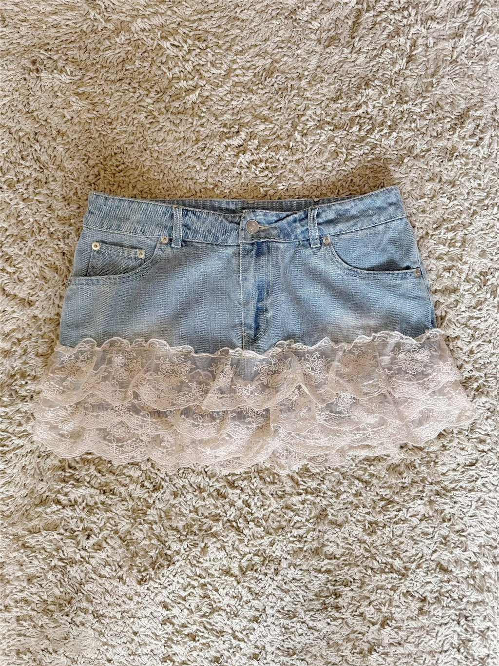 Flowering Girl Women layered lace ruffle patchwork with pure cotton denim low-rise mini short skirt