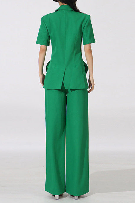 Flowering Girl Women Green Flower Embellished Blazer With Wide-Leg Trousers Set