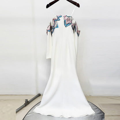 white off-shoulder collars nails beads diamond maxi dress