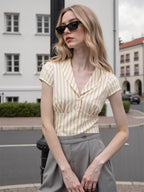 Flowering Girl Women pleated striped buttoned short sleeve shirt