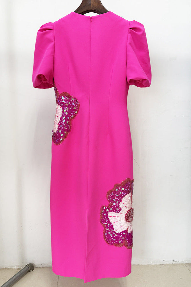 Flowering Girl Women Sequin Flower Embellished Puff Sleeve Midi Dress In Pink