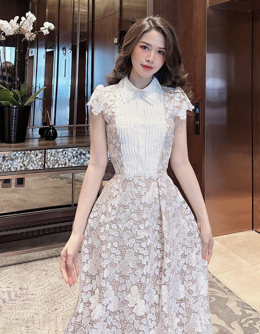 Leila White 3D Flower Embroidery Bow Lace Midi Dress