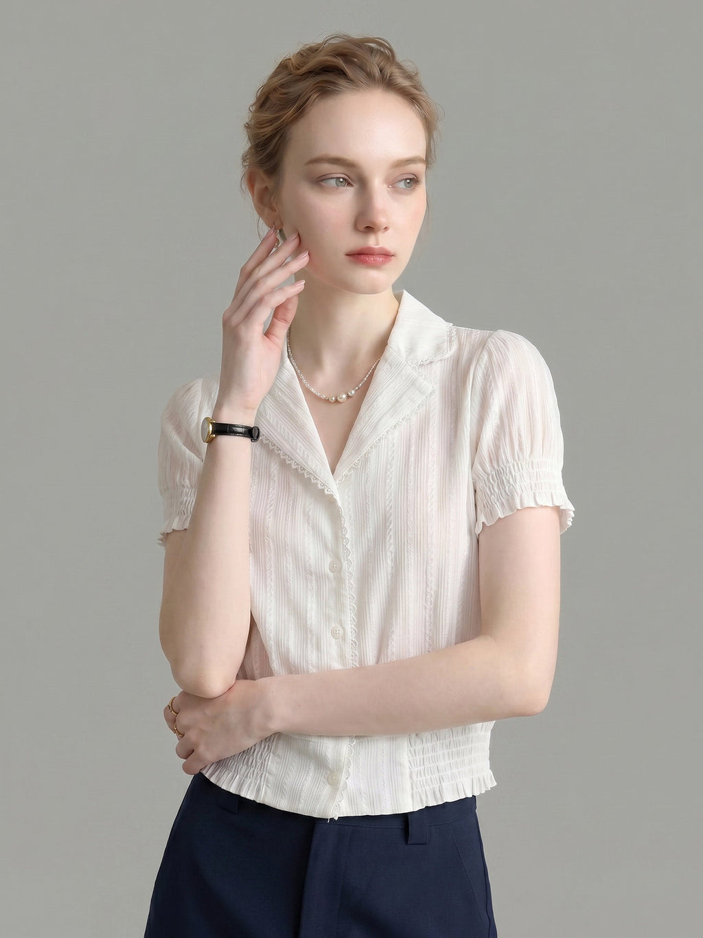 Flowering Girl Women Lace Trim Notched Collar Ruched Crop Short Sleeve Blouse