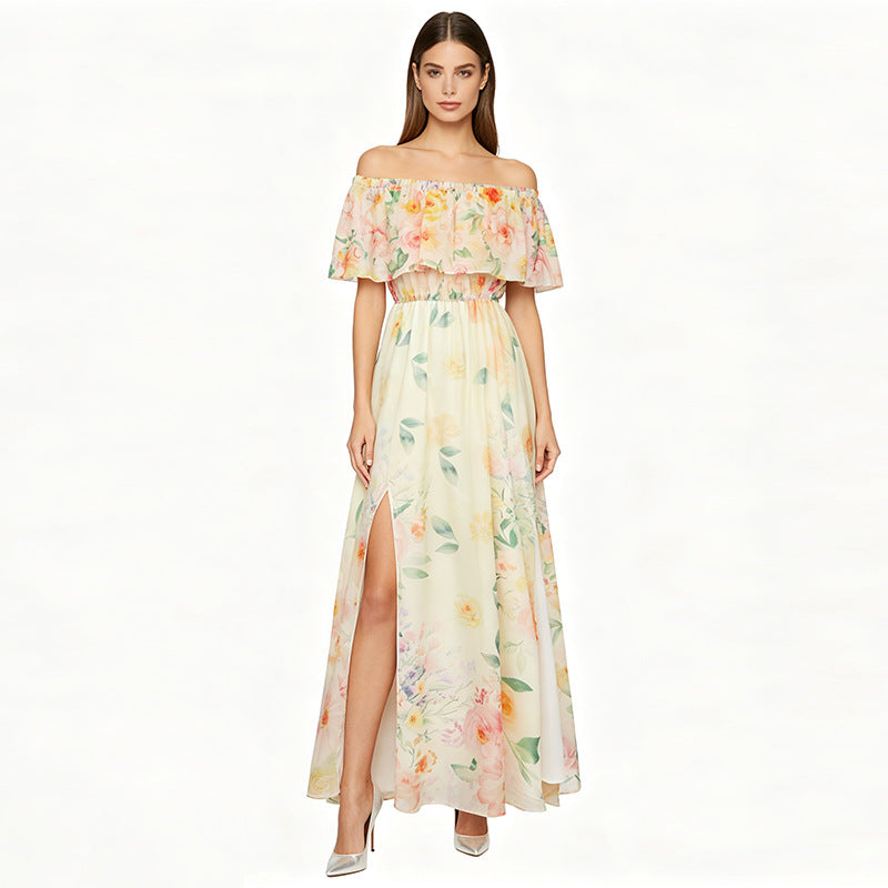 Flowering Girl Women Off-shoulder print slit chiffon maxi dress - pale yellow