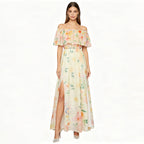 Flowering Girl Women Off-shoulder print slit chiffon maxi dress - pale yellow