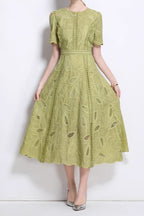 Flowering Girl Women dana hollow embroidery lace midi dress in green