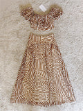 Flowering Girl Women Off Shoulder Puff Sleeve Striped Crop Top & Tiered Maxi Skirt Set