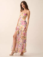 Flowering Girl Women off-shoulder floral print high slit pleated mesh maxi dress