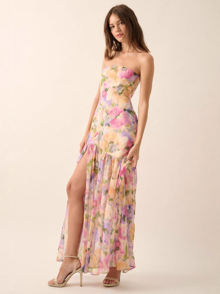 Flowering Girl Women off-shoulder floral print high slit pleated mesh maxi dress