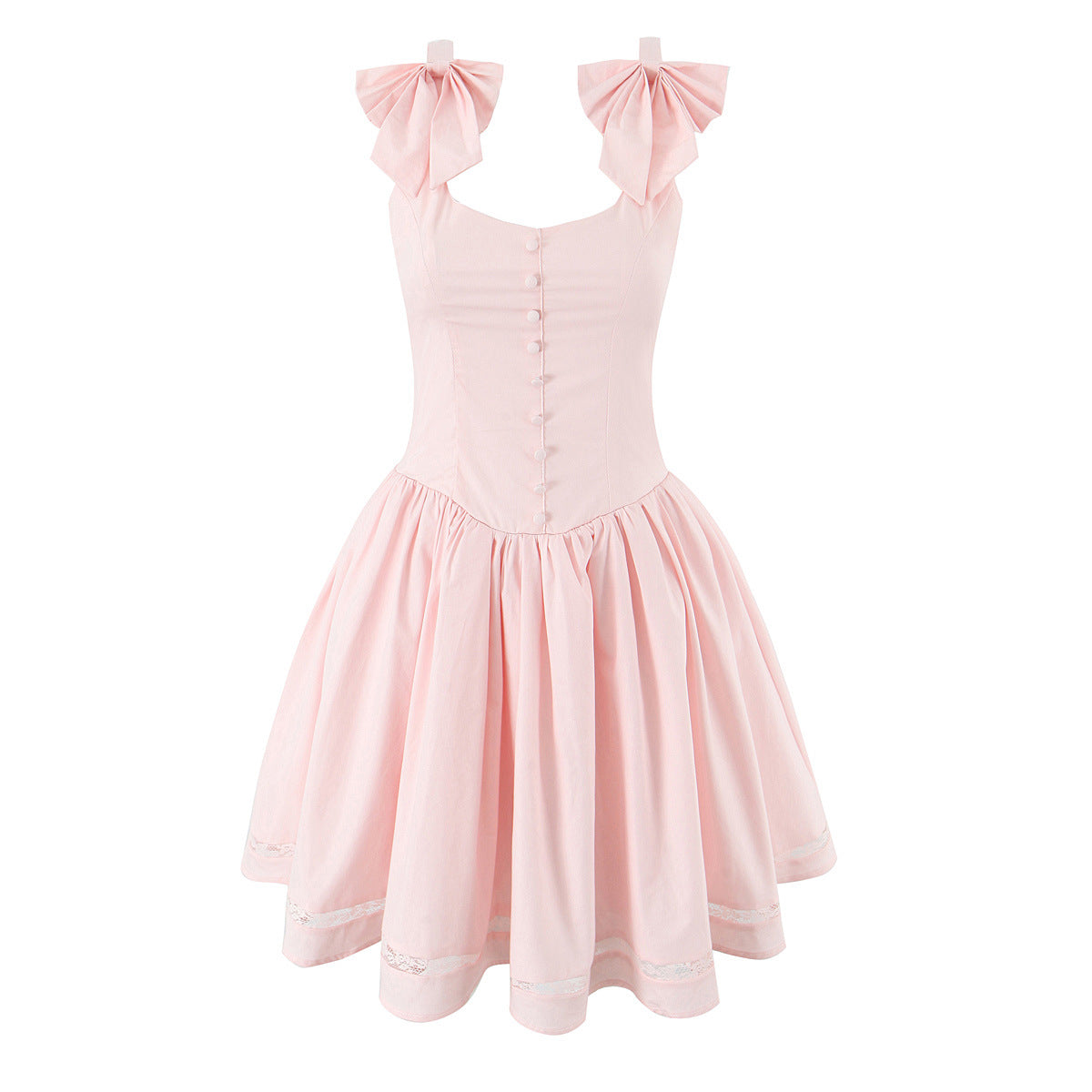 Flowering Girl Women Bow Strap Lace Trim Mini Skater Dress