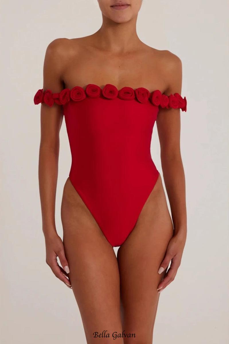 3d flower strapless bodysuit in red