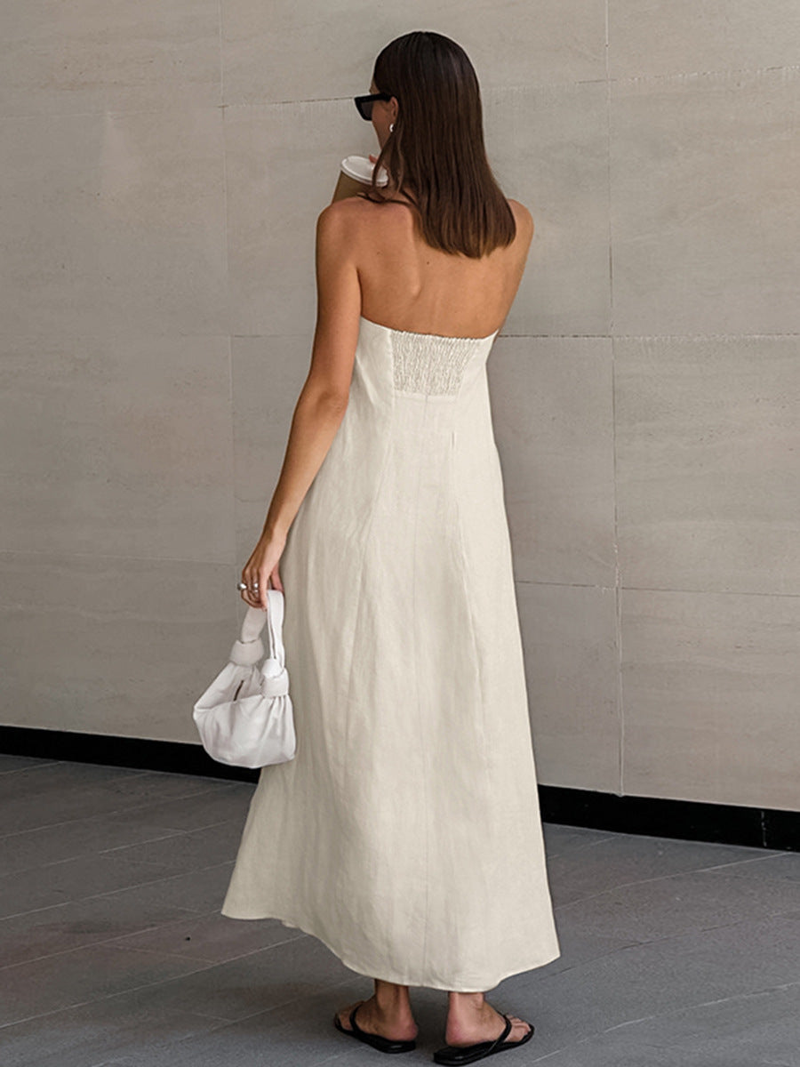Flowering Girl Women cotton linen strapless A-line midi dress