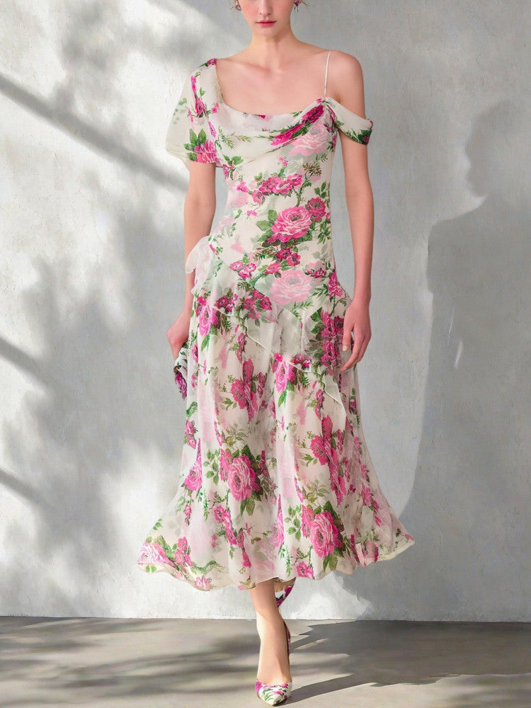 White Off-The-Shoulder Floral Printed Midi Dress
