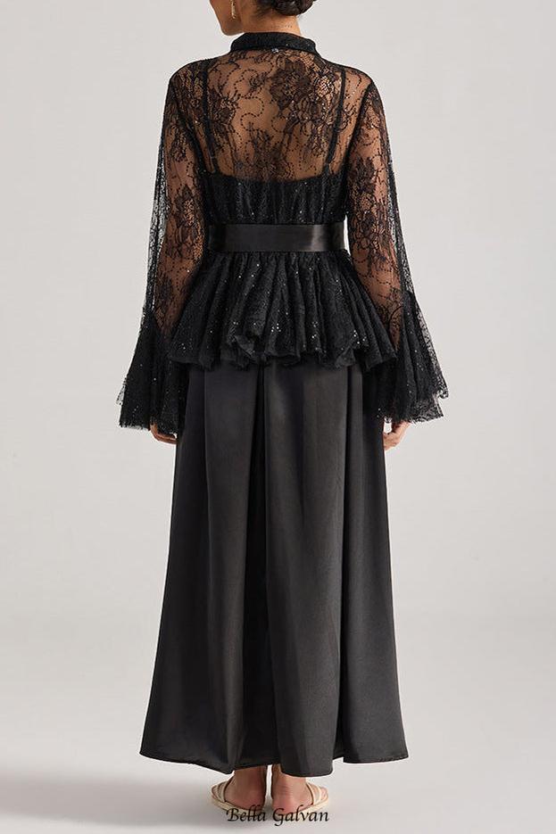 Tiffany black lace bell-sleeve ruffle embroidered top maxi skirt set
