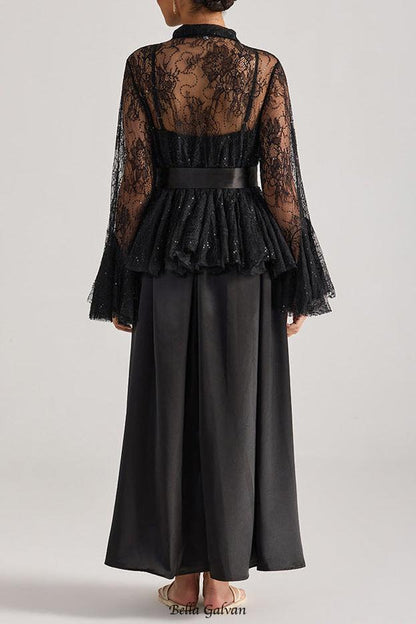 Tiffany black lace bell-sleeve ruffle embroidered top maxi skirt set
