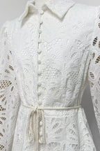 lapel hollow embroidery puff sleeve mini dress in white