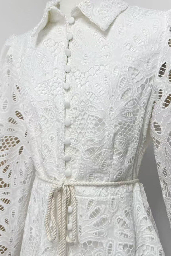 Flowering Girl Women Lapel Hollow Embroidery Puff Sleeve Mini Dress In White