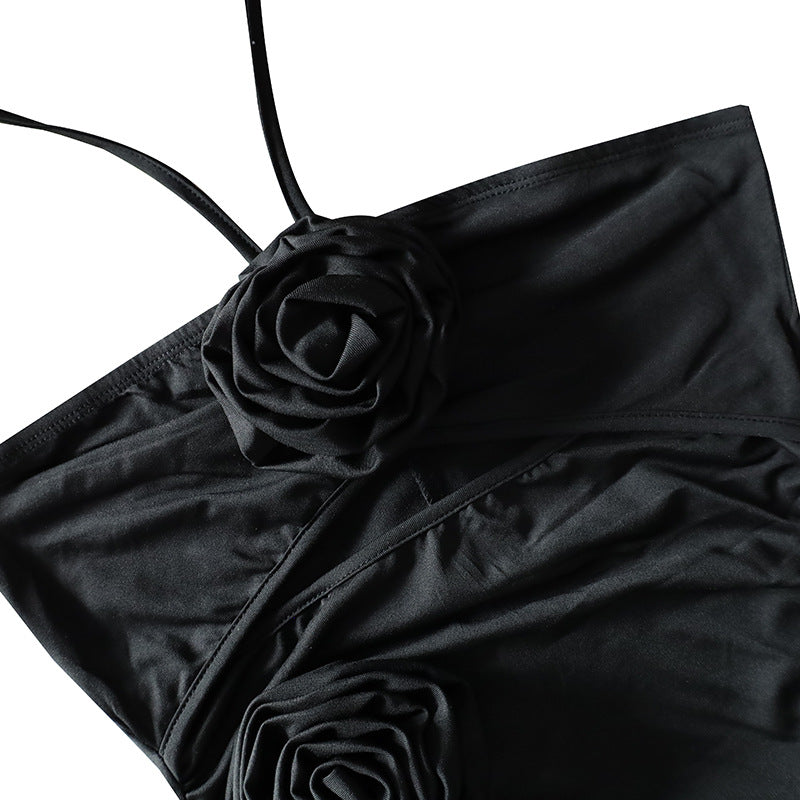 Flowering Girl Women Flower Halter Cut Out Dress in black