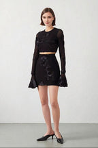 Black 3D Floral Mesh Long Sleeve Mini Dress With Back Cutout