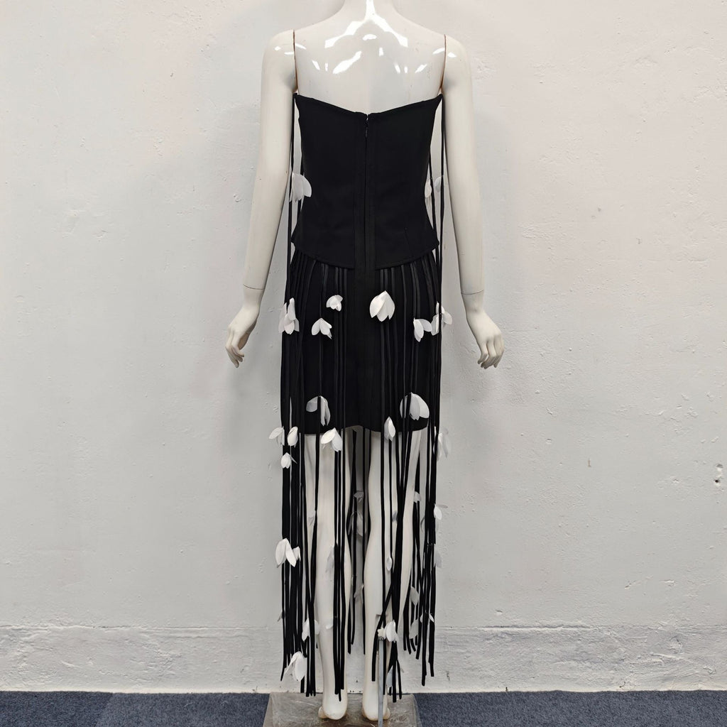 hilary black flower tassel strapless mini dress