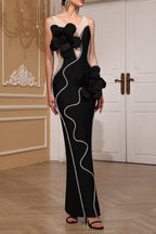 Flowering Girl Women Diamond 3D Flower Sequin Bandage Maxi Dress In Black