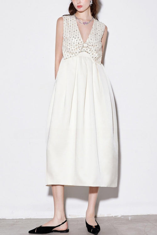 Flowering Girl Women Alva v-Neck Rhinestone Embroidery Satin Maxi Dress In White