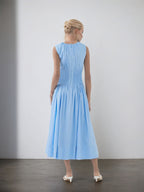 Flowering Girl Women Light Blue Sleeveless Round Neck Twisted Waist Midi Dress Side Pocket Flowy Summer Dress