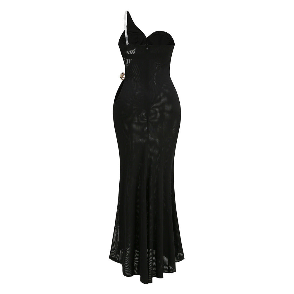 Flowering Girl Women Elvira One-Shoulder Metal Chain Decoration Maxi Dress In Black