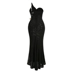 Flowering Girl Women Elvira One-Shoulder Metal Chain Decoration Maxi Dress In Black