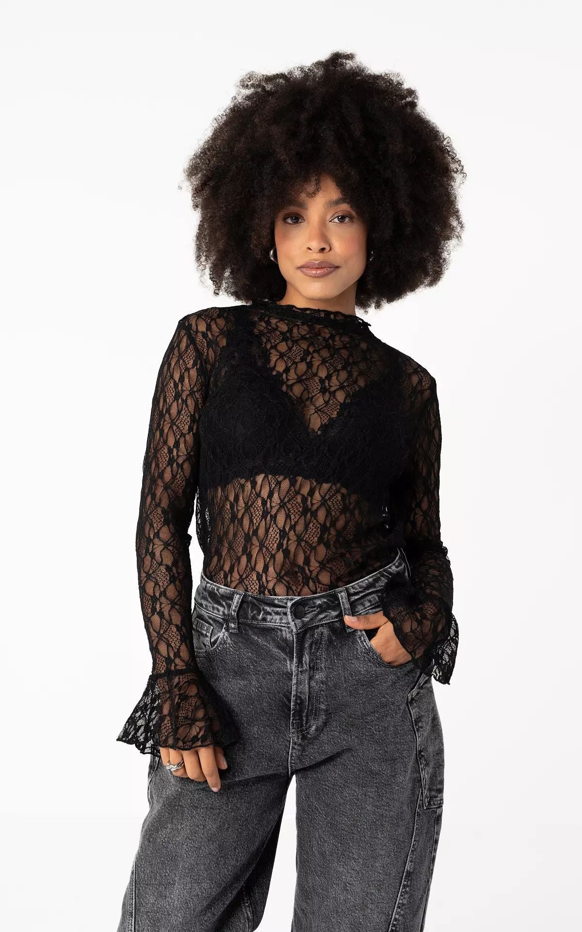 Flowering Girl Women Lace Long-Sleeved Base Shirt See-Through Inner Cut-Out Top