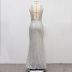 rebecca bow sequin embellished v neck maxi dress in silver