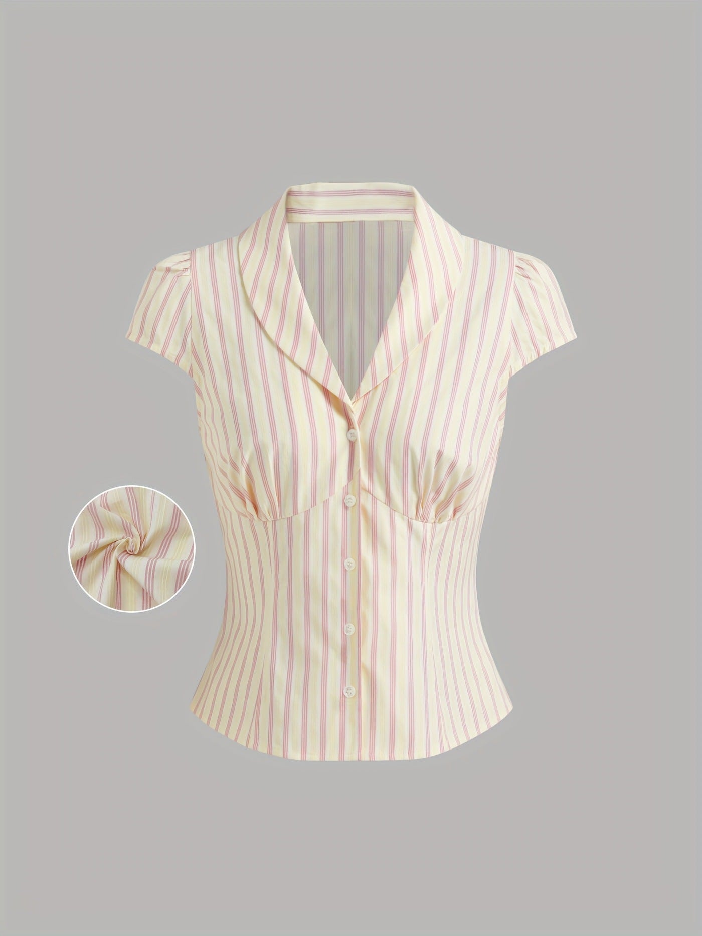 Flowering Girl Women pleated striped buttoned short sleeve shirt