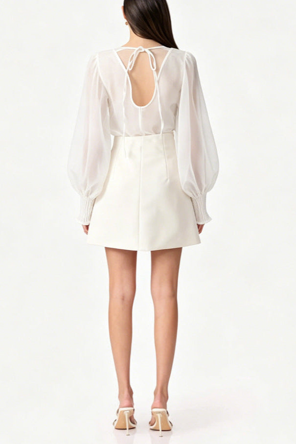 Flowering Girl Women Floral appliqué sheer organza blouse & mini skirt set - white