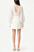 Flowering Girl Women Floral appliqué sheer organza blouse & mini skirt set - white