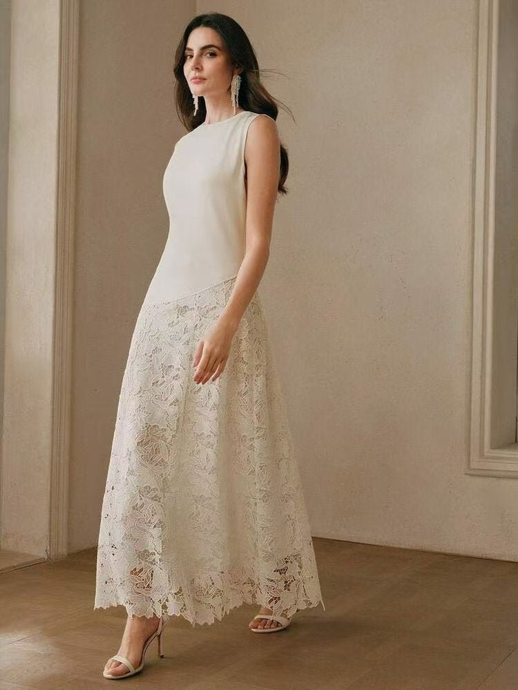 Flowering Girl Women Crew Neck Lace patchwork sleeveless maxi Dress - beige