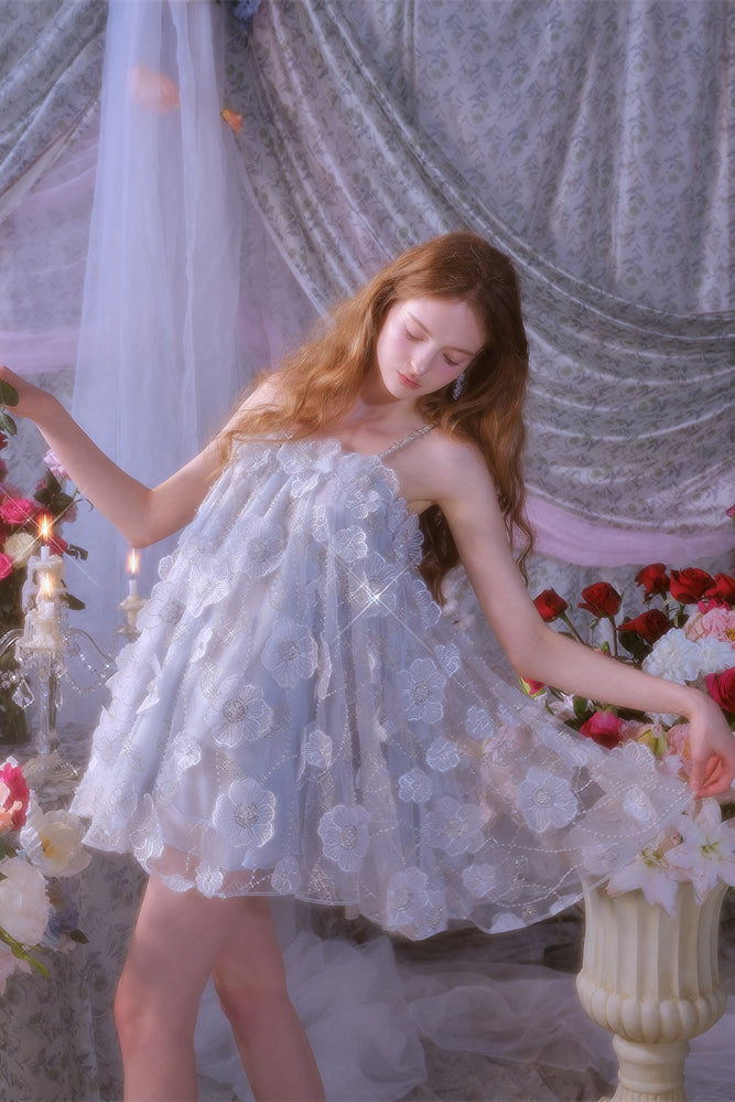 Tutu Light Blue Sleeveless Flower Diamond Short Doll Dress