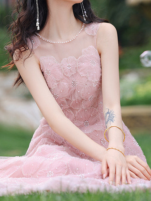 Pink 3D Floral Beaded Maxi Dress