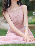Pink 3D Floral Beaded Maxi Dress
