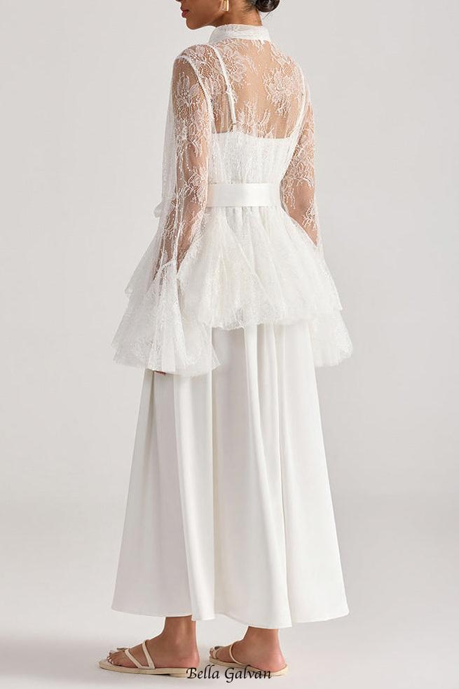 Tiffany white lace bell-sleeve ruffle embroidered top maxi skirt set