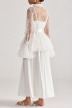 Tiffany white lace bell-sleeve ruffle embroidered top maxi skirt set